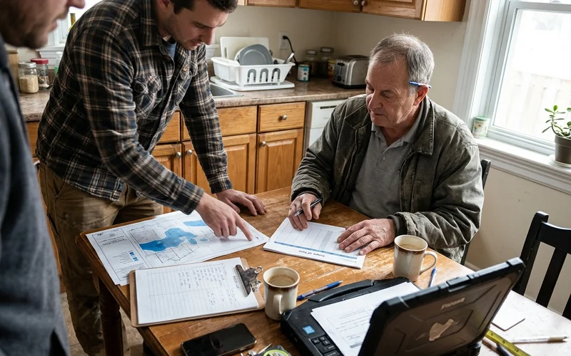 Two crew members laying out a photo log and moisture map for an insurance adjuster on a table in a Toronto home