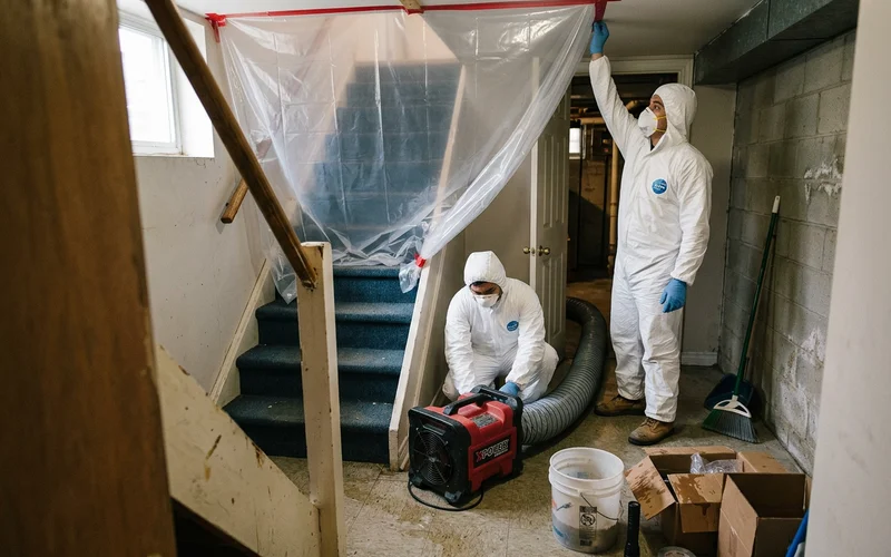 Two technicians in PPE setting up a negative air machine and poly containment at the entrance to a sewage-affected Toronto basement