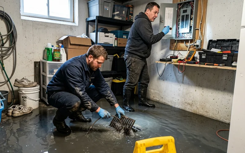 Two technicians in PPE checking a floor drain backup and the electrical panel area in a flooded Toronto basement