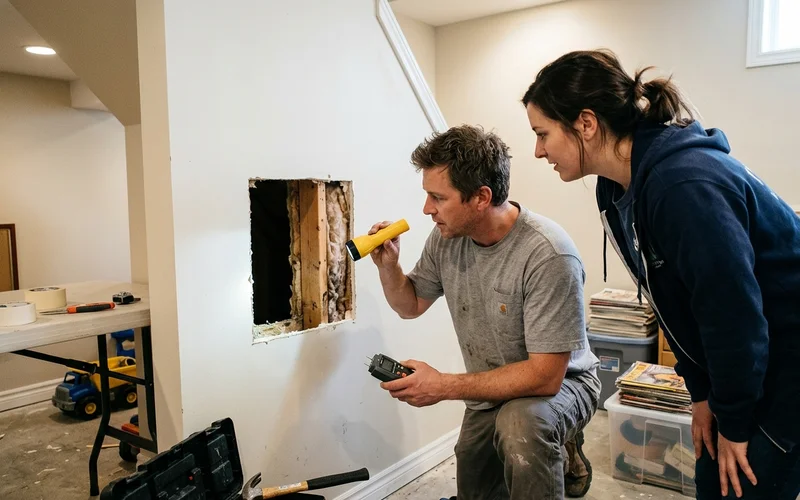 Two technicians inspecting hidden mould inside a basement wall cavity through a small inspection opening with a flashlight