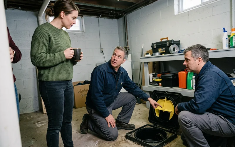 Two technicians showing a homeowner how to open the backwater valve access cover and check the flap in a Toronto basement