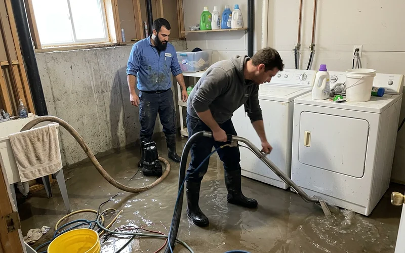 Two technicians operating a submersible trash pump and truck-mount extraction wand in a flooded Toronto basement laundry room