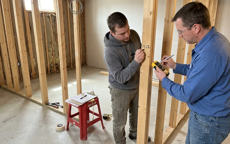 Two technicians checking moisture readings on exposed studs before a Toronto basement is rebuilt
