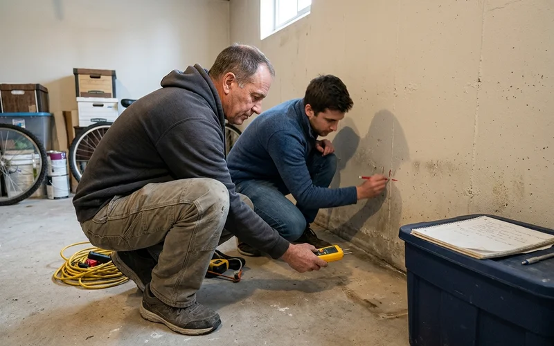 Two technicians taking moisture readings along a wet cove joint in a Toronto basement before quoting waterproofing
