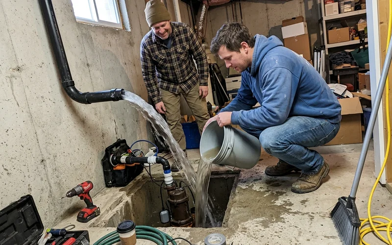 Two technicians testing a new sump pump with a bucket of water and checking the discharge flow in a Toronto basement
