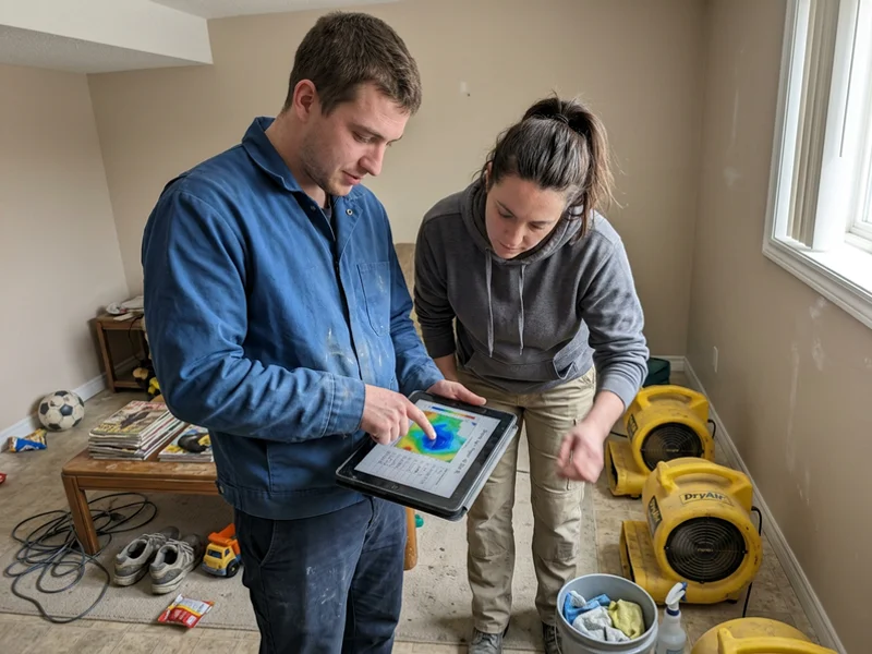 Two crew members reviewing a moisture map and drying log beside air movers in a basement rec room