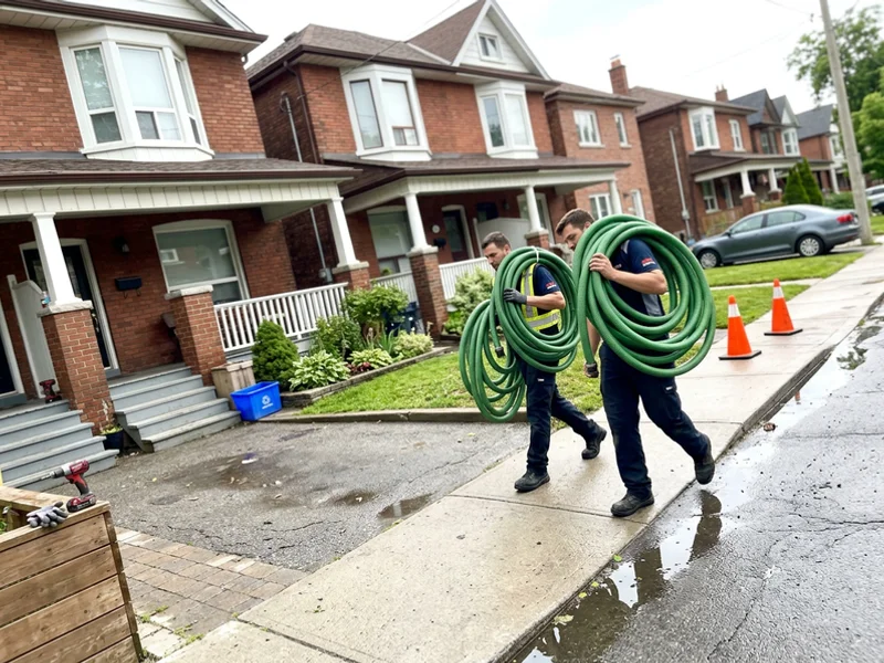 Two technicians carrying extraction hoses past red brick semi-detached houses after a summer storm