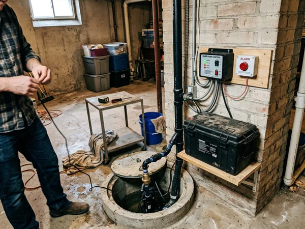 Battery backup sump pump system with controller and high-water alarm
