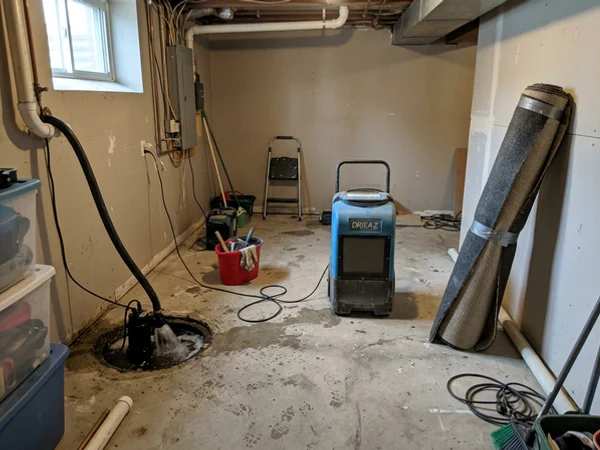 Basement after the emergency visit with water removed and a dehumidifier running