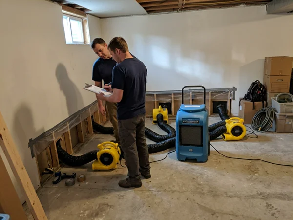 LGR dehumidifier and air movers drying open wall cavities while two technicians check the drying log