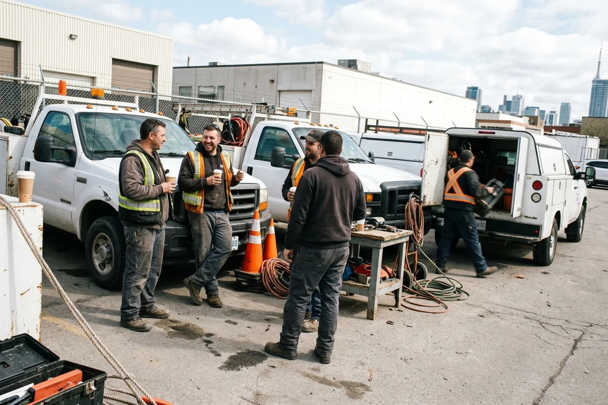 Field crew of five technicians beside three restoration trucks during a morning briefing