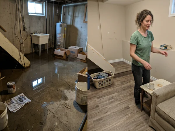 Before and after of a post-war bungalow basement, flooded then restored