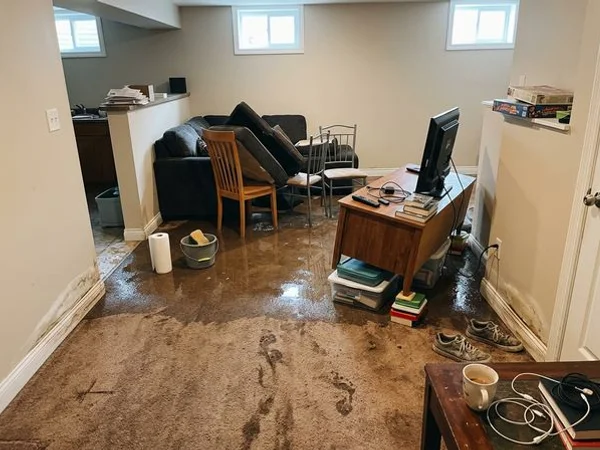 Finished basement rec room with wet carpet and swollen baseboards after a burst supply line