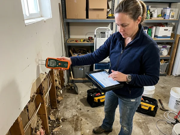Pin moisture meter reading on wet drywall with a technician logging it on a tablet
