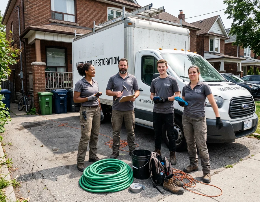 Four IICRC technicians beside a restoration truck with moisture meters and hoses