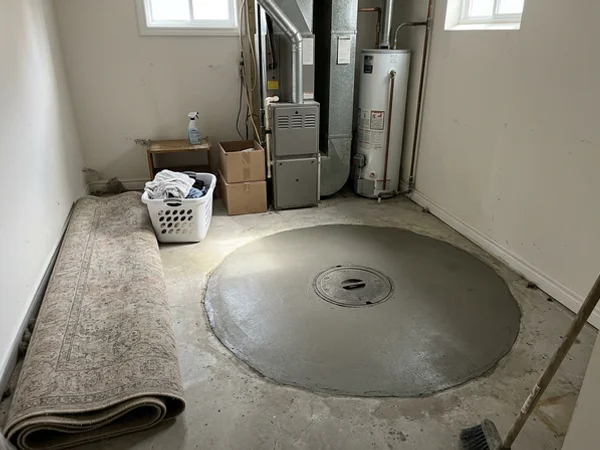 Finished concrete patch with a flush backwater valve access lid
