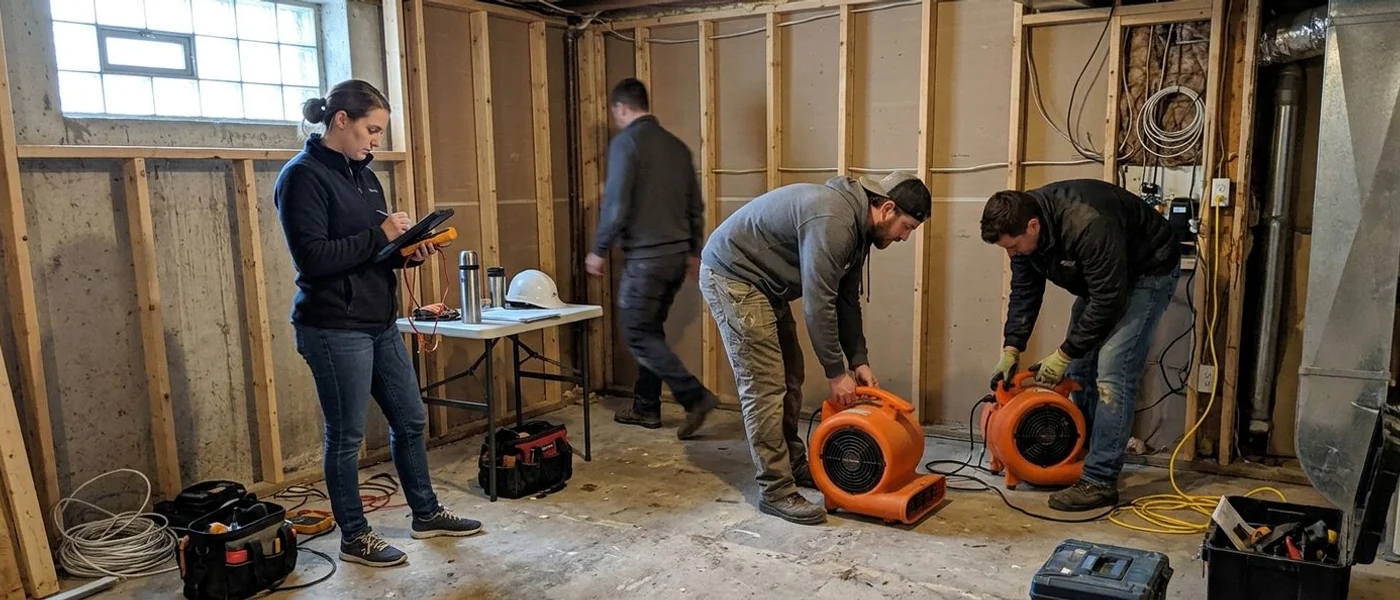Group of IICRC-certified technicians and the project coordinator working together in a basement