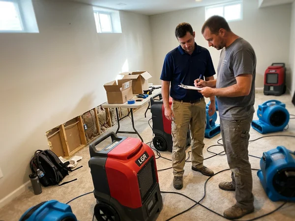 LGR dehumidifiers and air movers running while two technicians log readings