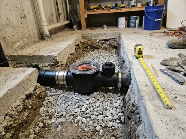 Installed mainline backwater valve with access cover before city inspection