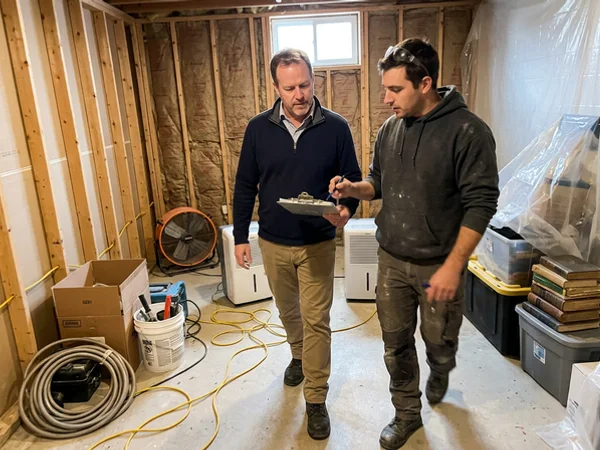 Adjuster and restoration technician walking through a dried basement reviewing the drying log