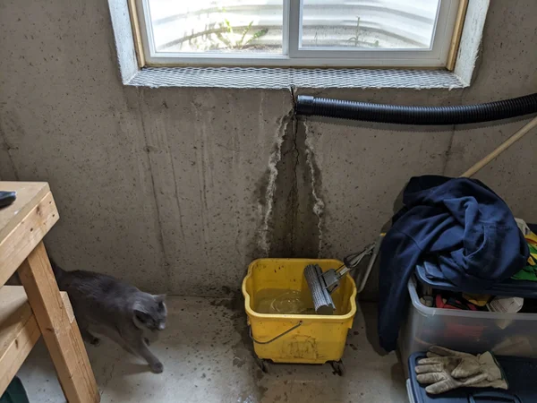 Leaking vertical crack below a window well with water staining and efflorescence