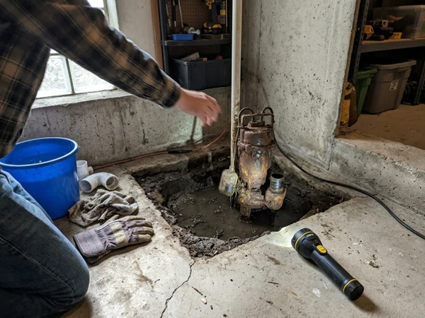 Old rusted sump pump with a stuck float in a silted pit