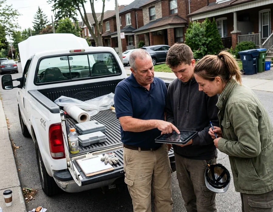 Owner and two field technicians reviewing a scope of loss at the tailgate of a restoration truck