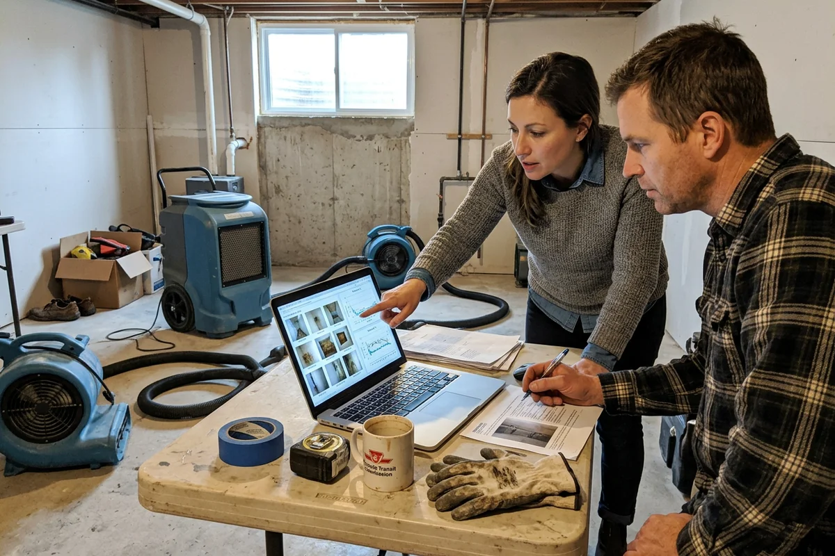 Project coordinator and field technician reviewing an IICRC S500 documentation package on a laptop in a basement