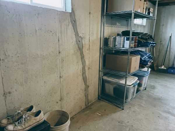 Repaired foundation crack with ports removed on a dry basement wall