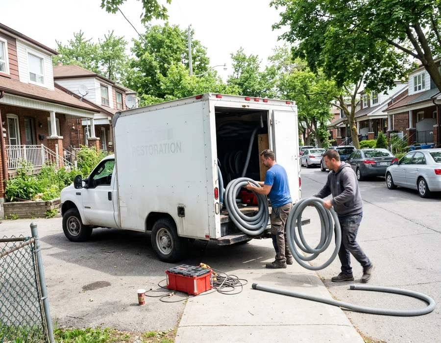 Restoration truck and two technicians unloading extraction hoses on a Toronto residential street