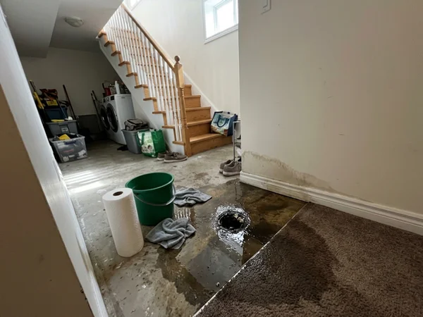 Sewage backup around a floor drain with dark staining on drywall and soaked carpet