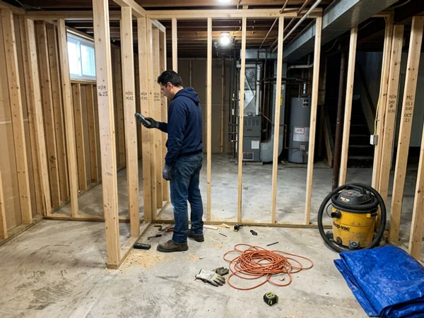 Stripped basement with open stud walls and dry-standard readings written on the studs