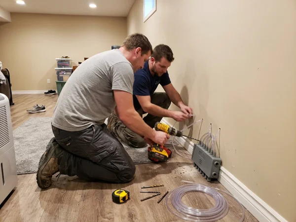 Two technicians drilling weep holes to dry wall cavities in place with a manifold system