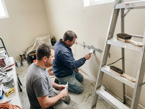 Two technicians installing surface injection ports along a cleaned foundation crack