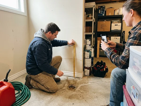 Two technicians photographing a floor drain backup and waterline with a scale marker