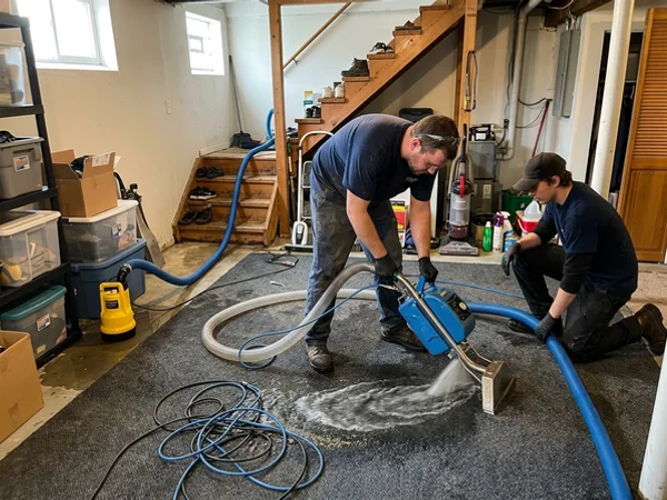 Two technicians using a weighted extraction tool on saturated carpet beside a submersible pump
