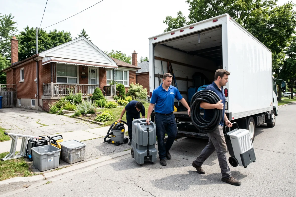 Three technicians unloading pumps and dehumidifiers from a restoration truck outside a post-war brick house