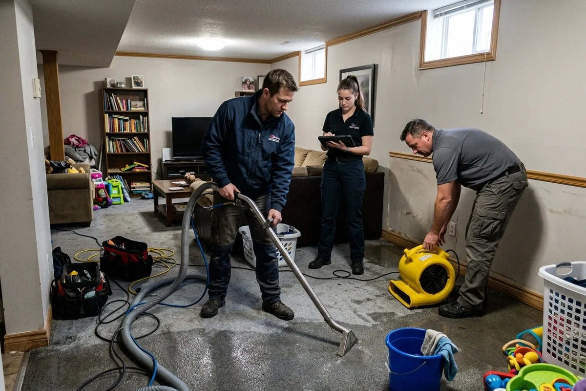 Three IICRC-certified technicians extracting water, logging moisture readings and setting air movers in a flooded finished basement