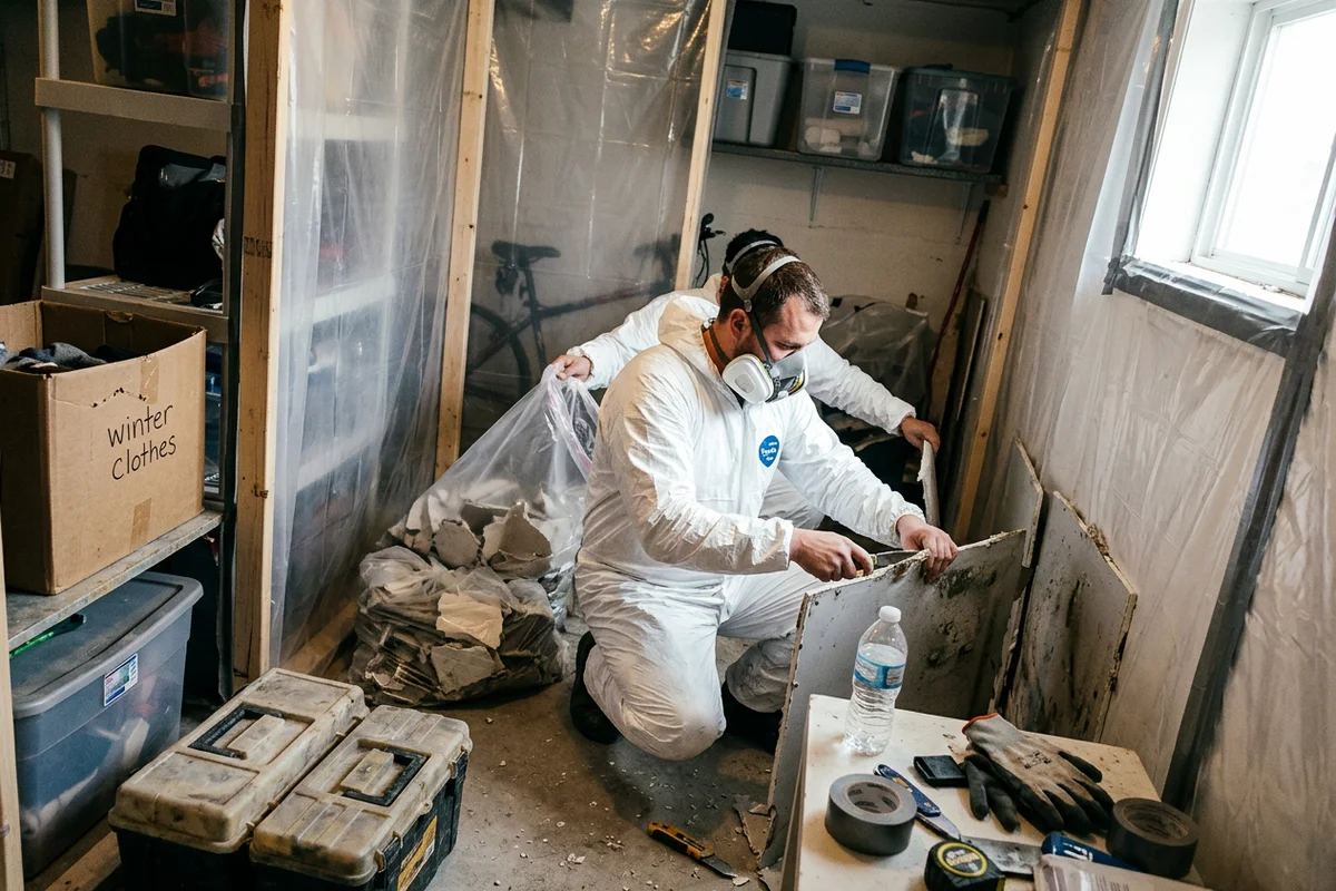 Two AMRT technicians in respirators inside poly containment removing mould-damaged drywall in a basement