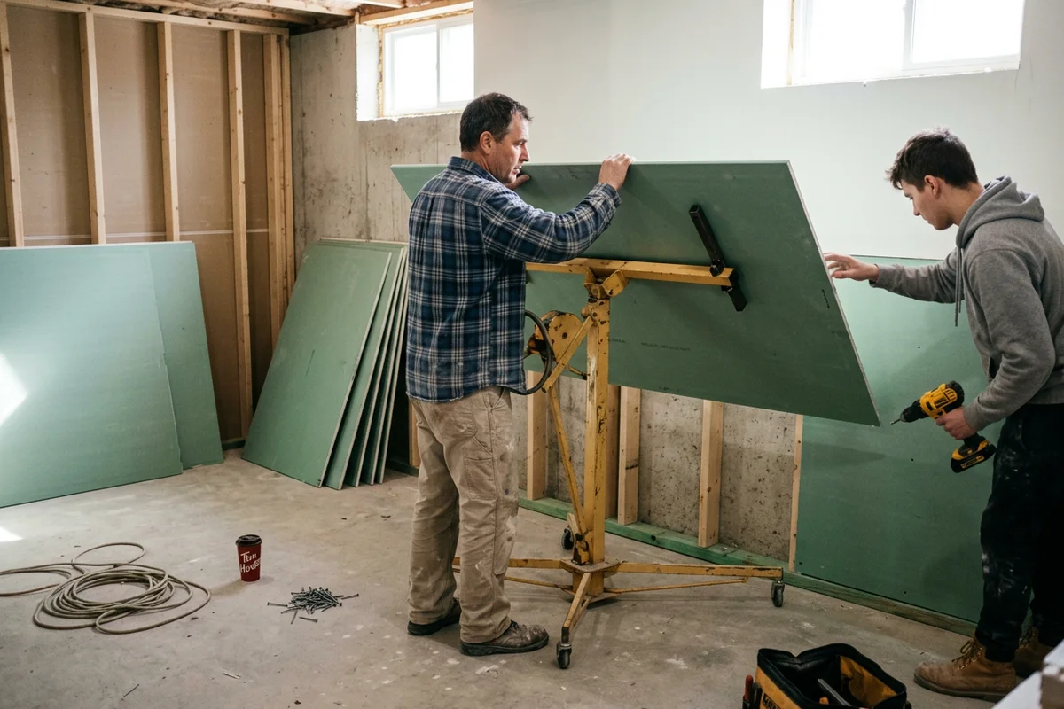 Two carpenters installing mould-resistant drywall over new basement framing with a pressure-treated bottom plate
