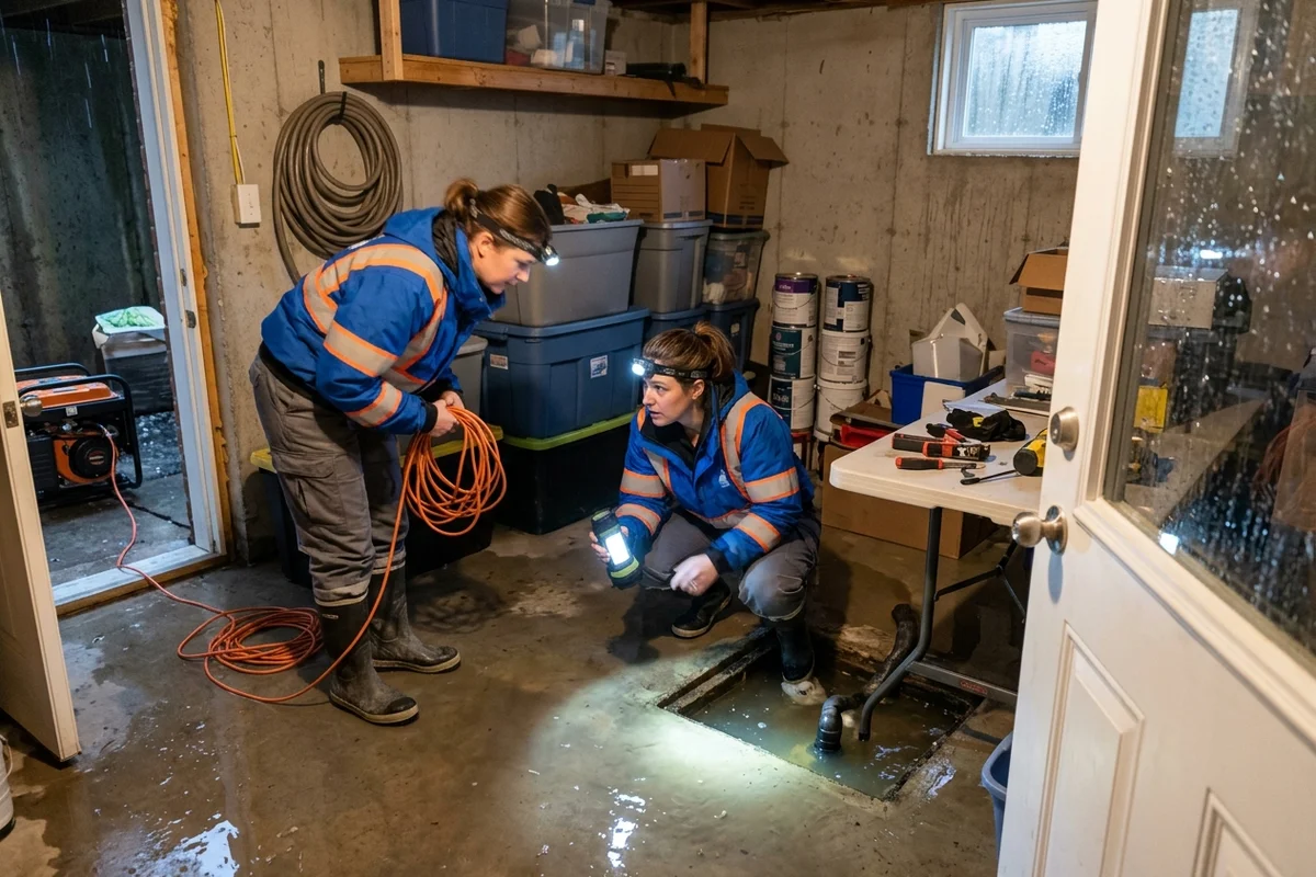 Two emergency technicians with headlamps and a portable generator assessing a flooded basement during a power outage