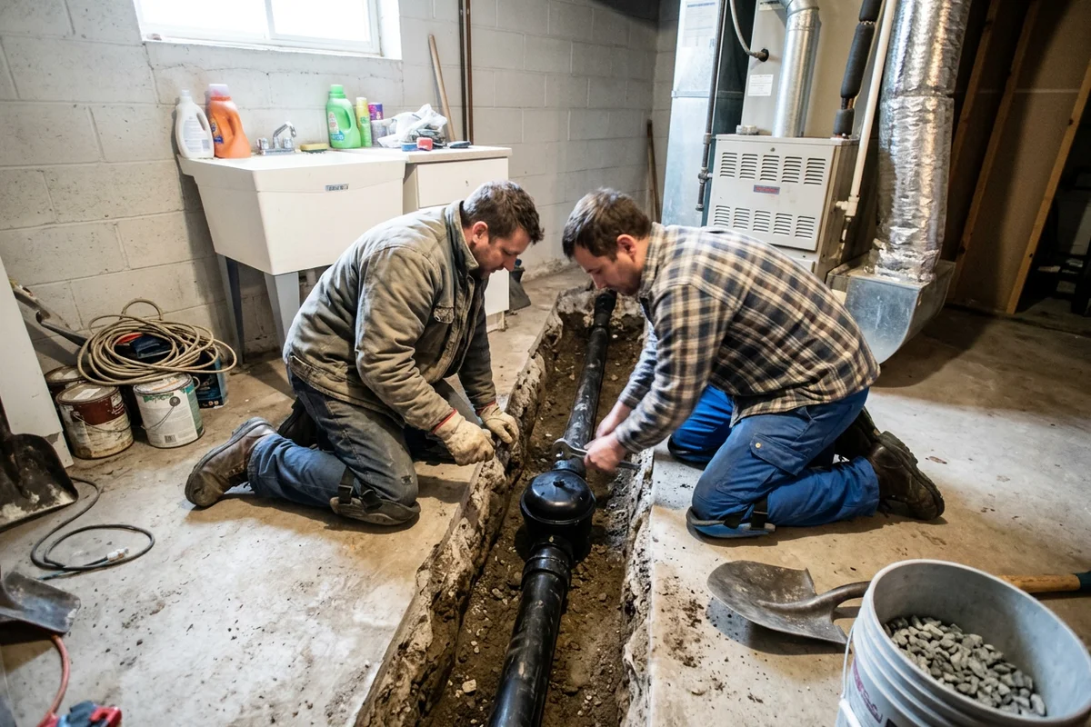 Two technicians installing a normally open mainline backwater valve in an opened basement floor trench