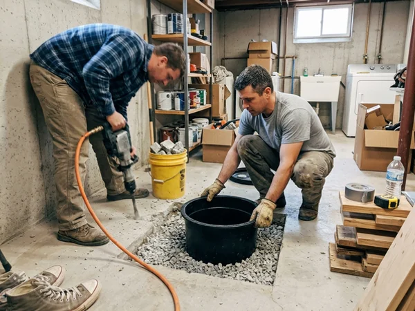 Two technicians setting a new sump pit liner in clear stone