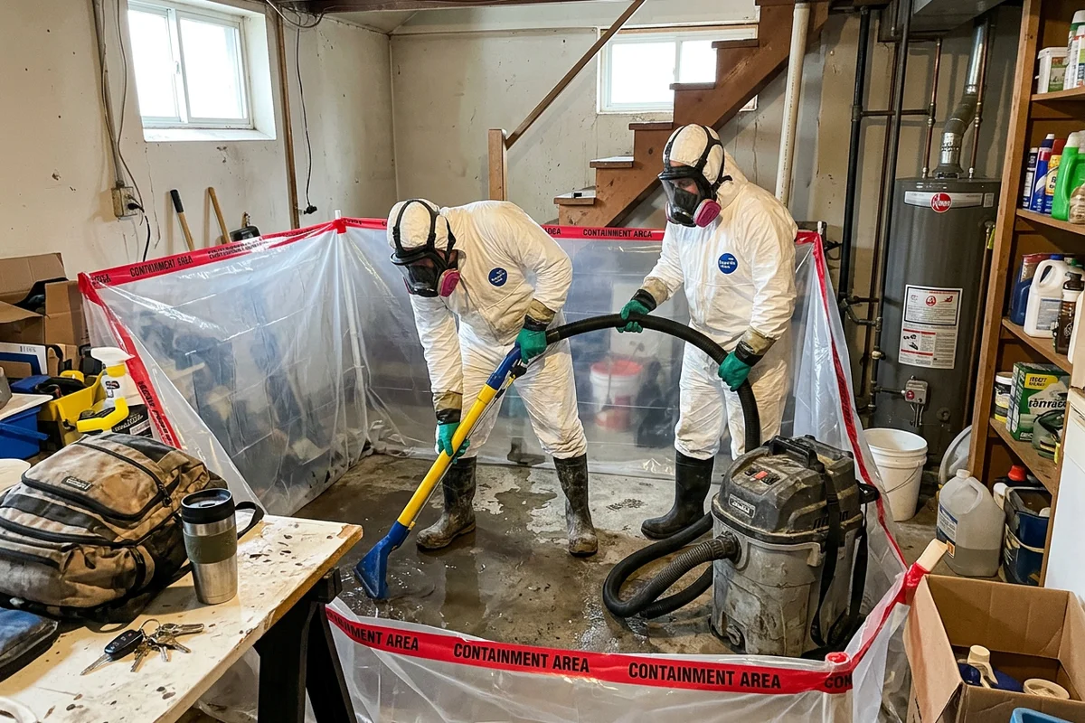 Two technicians in full PPE extracting sewage from a basement floor inside poly containment