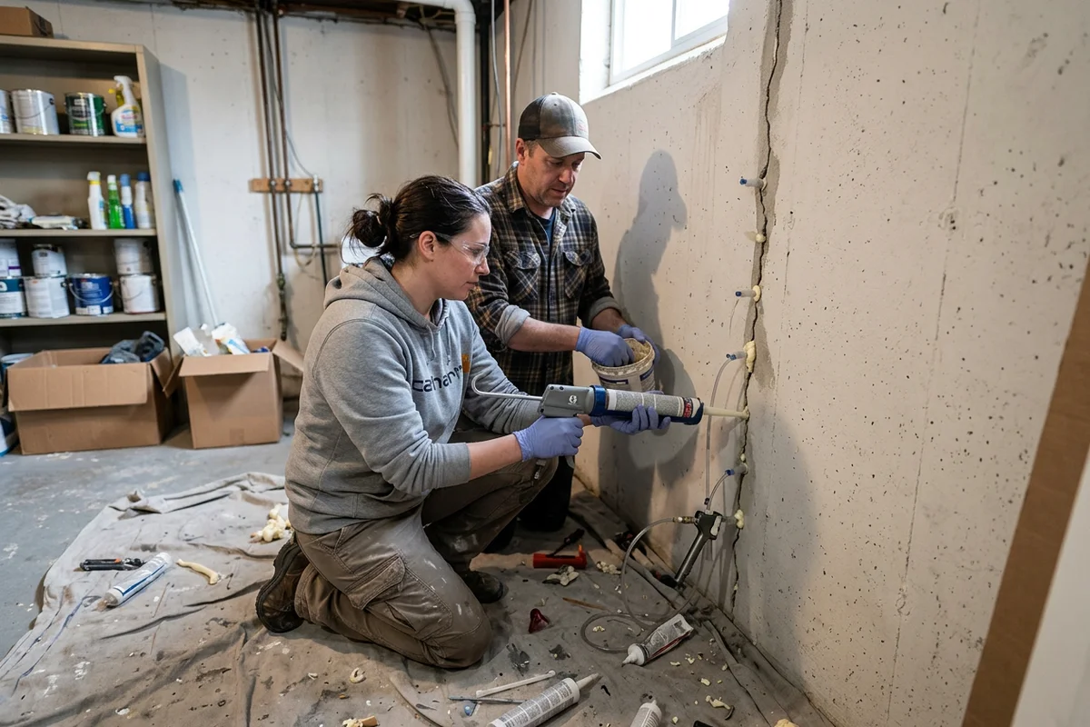 Two technicians injecting polyurethane through ports into a leaking vertical crack in a poured concrete basement wall
