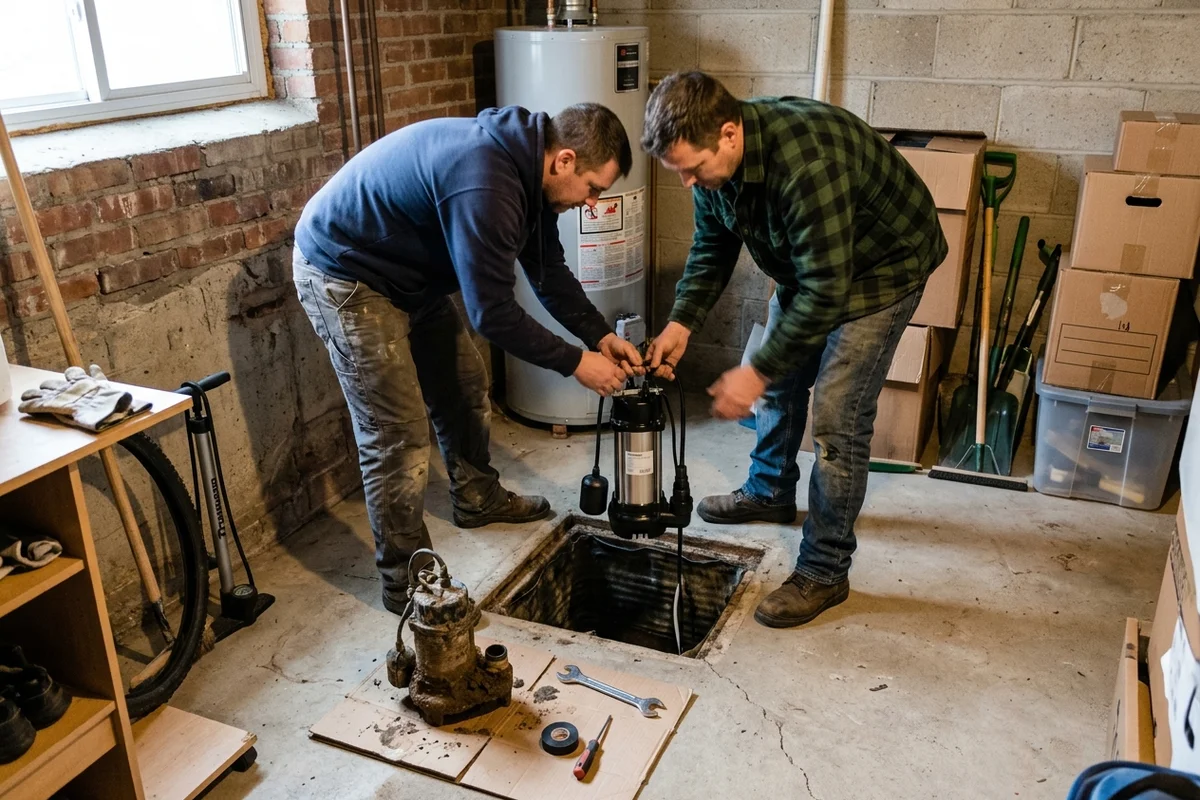 Two technicians lowering a new submersible sump pump with a vertical float switch into a lined sump pit