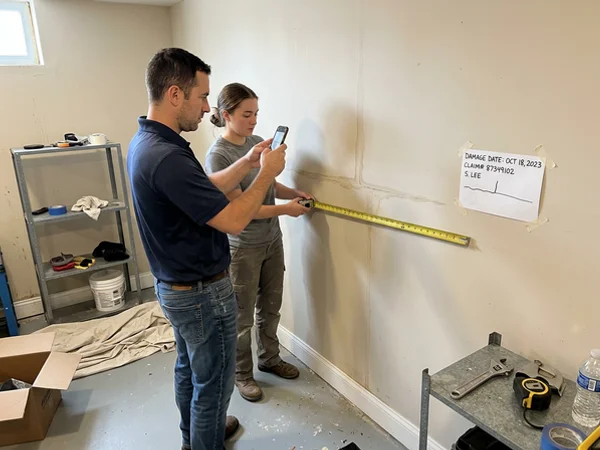 Two technicians photographing a waterline on drywall with a measuring tape and date card