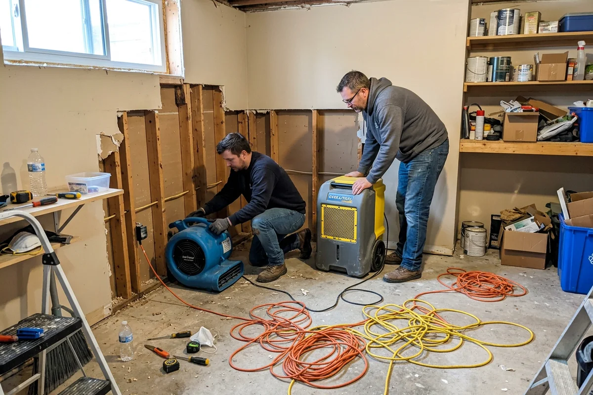 Two technicians positioning axial air movers and an LGR dehumidifier along a partially demolished basement wall