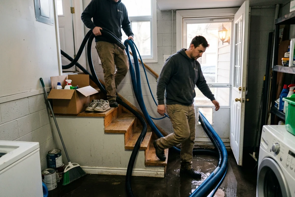 Two technicians running truck-mounted extraction hoses down basement stairs into standing water at night