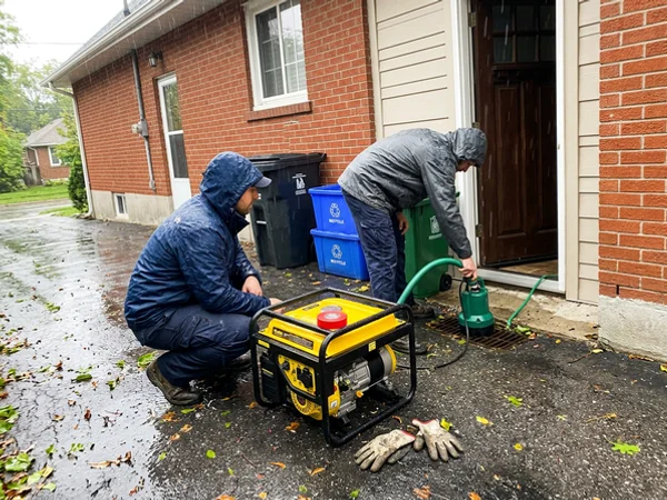 Two technicians setting up a generator and submersible pump beside a side door in heavy rain